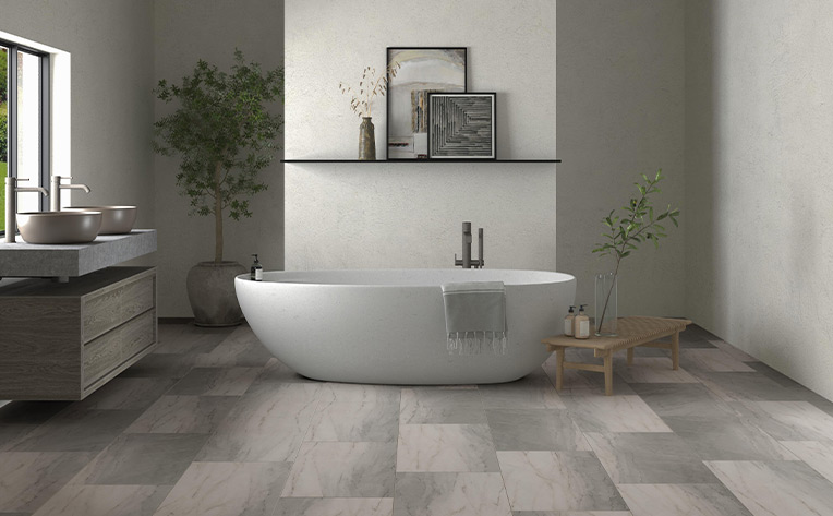 large format stone look tile in bathroom